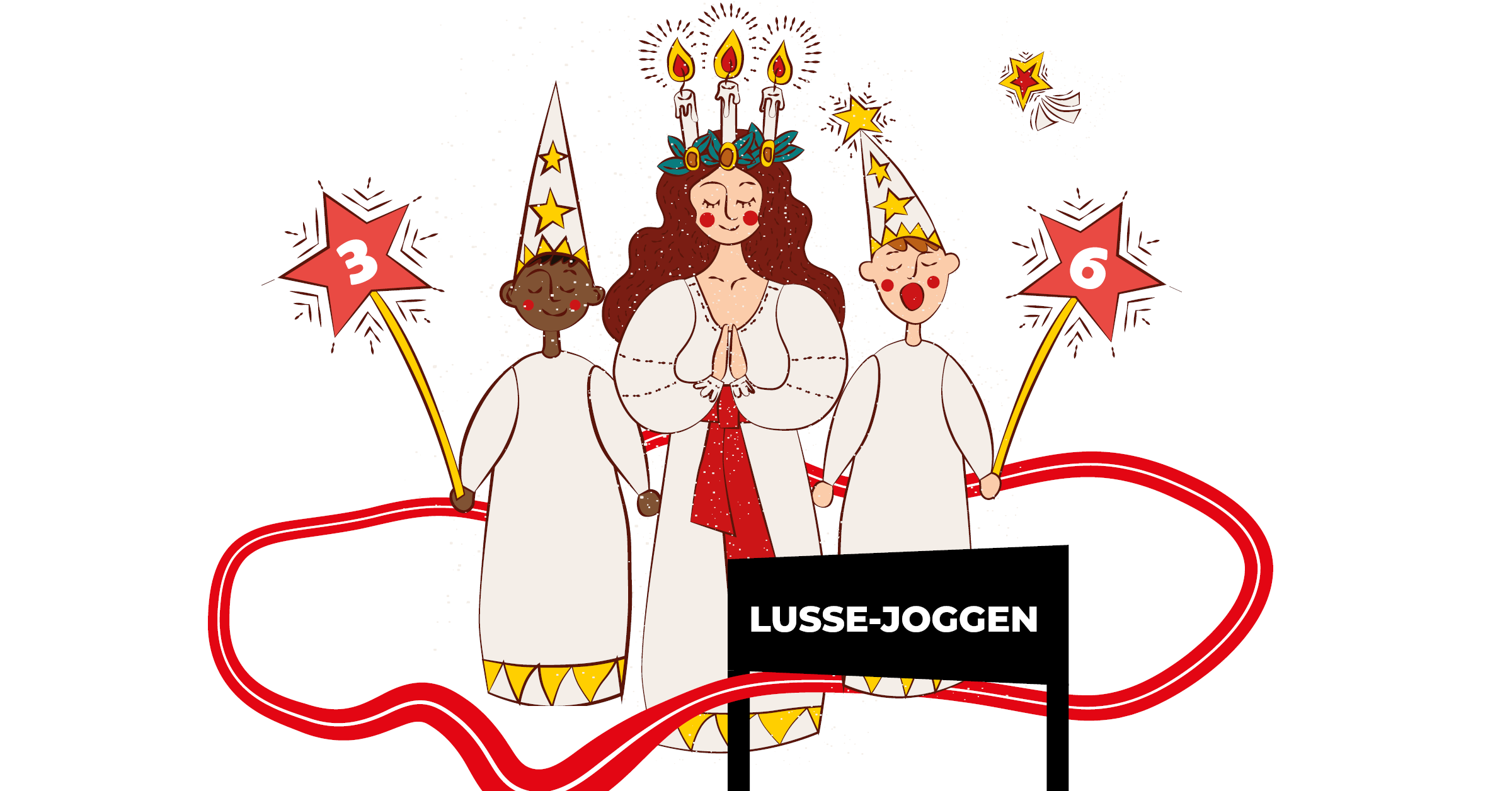 Illustration av en Lucia och två stjärngossar bakom en startskylt