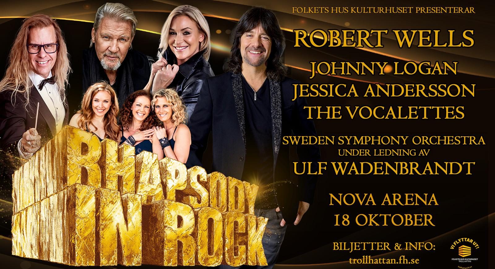 Porträtt på artister och text i guld "Rhapsody in Rock"