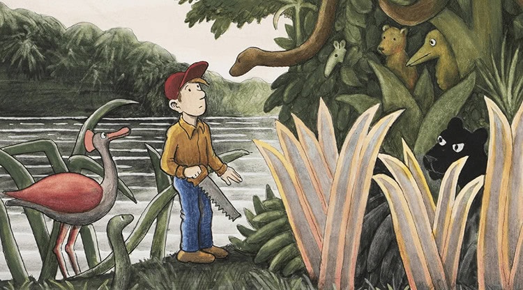 Jan Lööf teckning. Vi kan se en man i naturen som har en röd keps på sig och håller i sin högra handen en såg. Han tittar på en orm som också tittar på honom. Det finns andra djur runt omkring honom, samt en flod bakom honom.