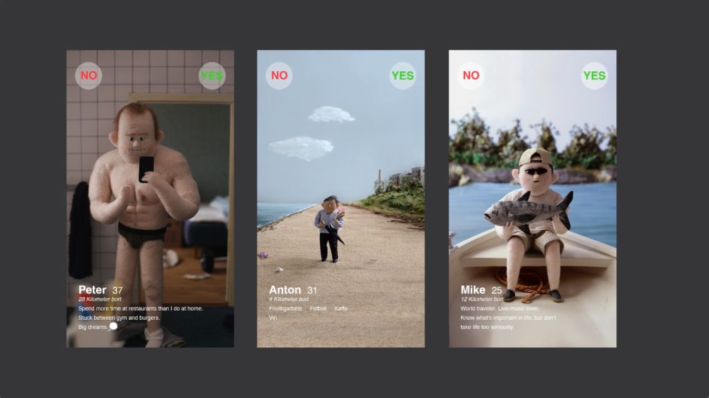 Tovade figurer arrangerade som Tinderprofiler. Bilden är från Anna Mantzaris kommande film