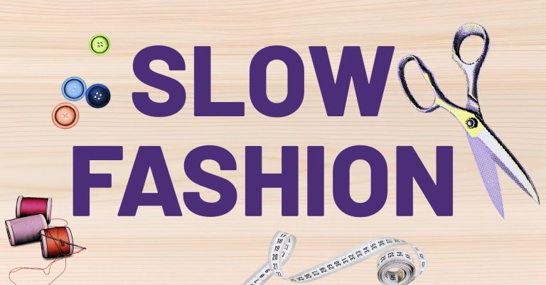 Texten slow fashion och en illustrerad sax.
